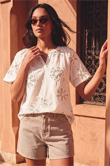 Cream Floral Embroidered Cotton Tunic Top