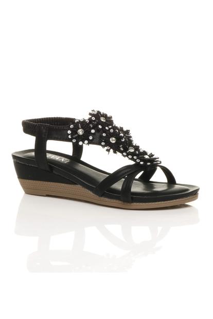 Black Mid Wedge Diamante T-Bar Slingback Sandals