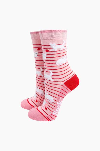 Pink Cat With Wool Fluffy Bamboo Socks In Pink