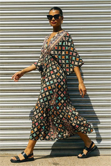 Geo Print V-Neck Frill Maxi Dress 14685808