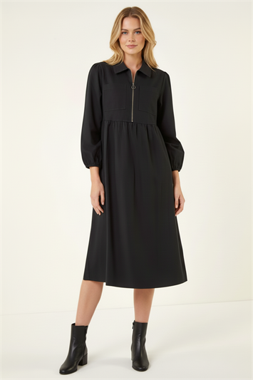 Black Front Zip Midi Dress