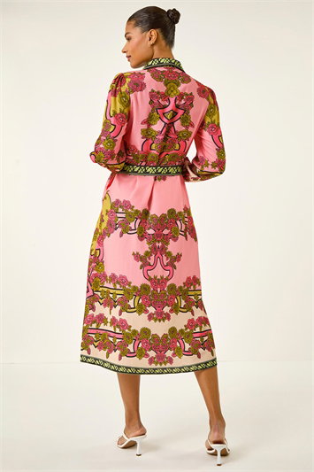 Floral Print Border Shirt Midi Dress 14851372