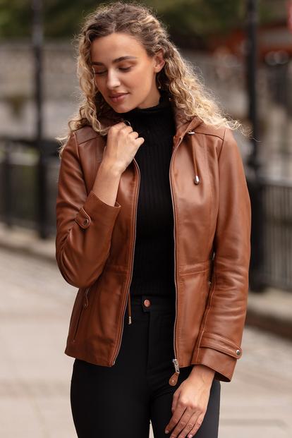 Blue 'Anne' Leather Jacket With Adjustable Waist String