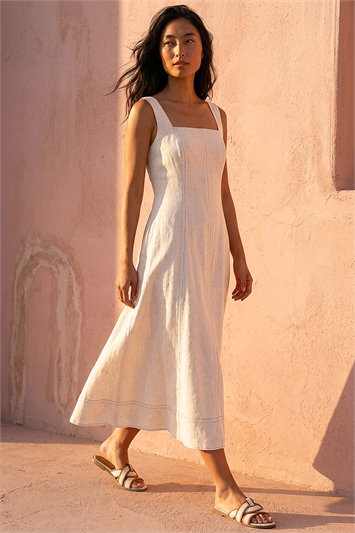 Cream Petite Linen Blend Contrast Stitch Dress