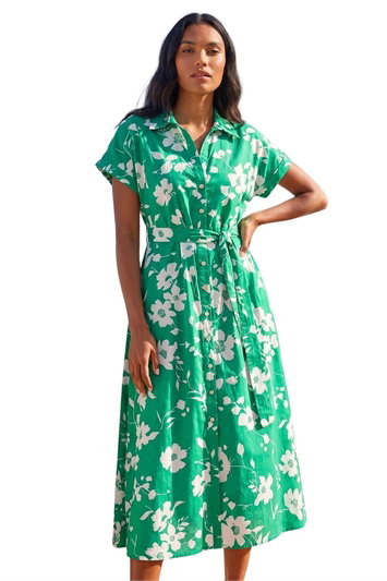 Green Floral Cotton Poplin Shirt Dress
