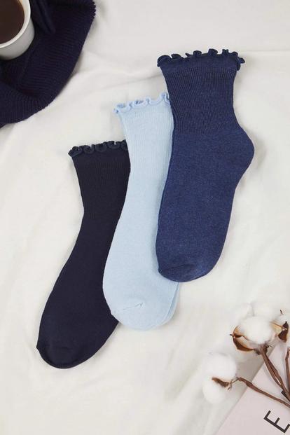 Multi Three Pack Cotton Ribbed Knit Socks With Lettuce Edge Detail