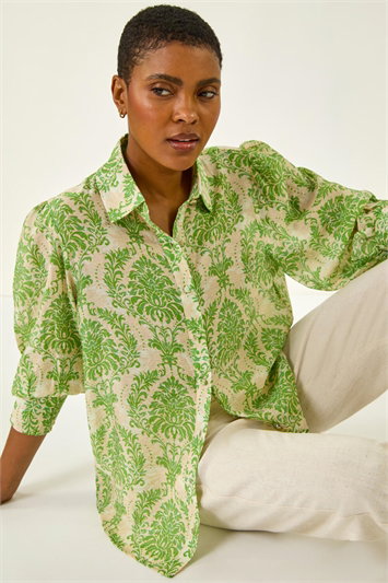 Green Floral Print Collared Shirt