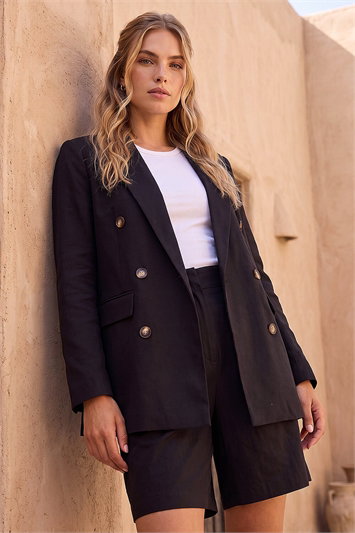 Black Cotton Double Breasted Collar Jacket