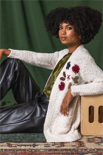 White Embroidered Floral Knit Cardigan