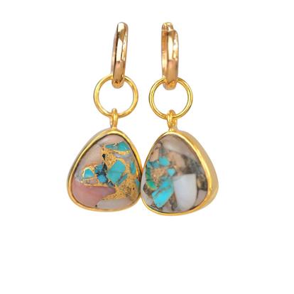 Metallic Opal Turquoise Gemstone Gold Vermeil Hoop Earrings