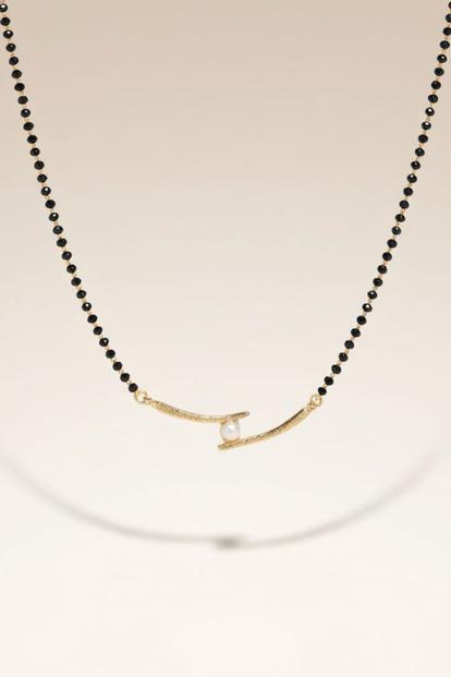 Black Asian Gold Plated Black Bead White Pearl Slim Mangalsutra Nazaria Necklace