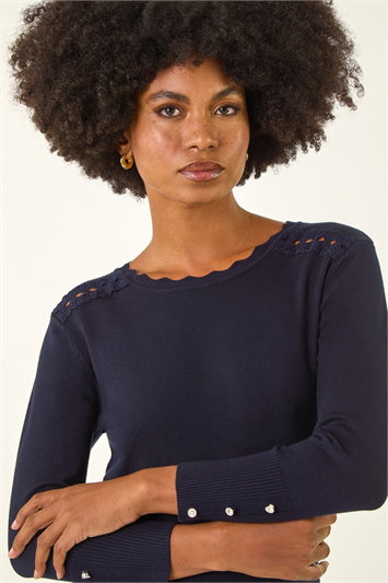Blue Scalloped Neck Knit Jumper