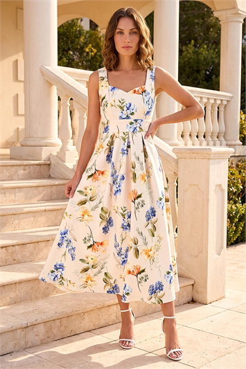 Petite Floral Print Premium Stretch Midi Dress 14868138