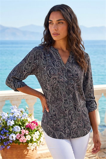 Grey Textured Paisley Print Stretch Blouse
