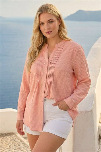 Pink Curve Pintuck Sequin Blouse