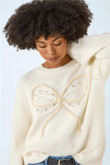White Faux Pearl Bow Knit Crew Jumper
