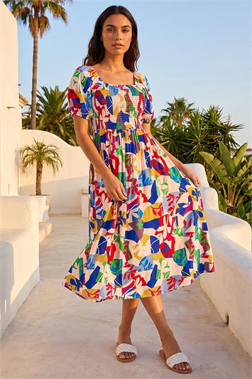 Abstract Print Shirred Midi Dress 14887858