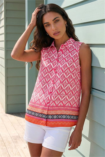 Geo Border Print Button Up Blouse 10213178