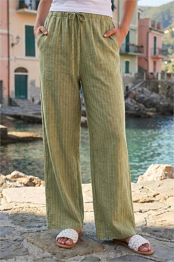 Green Stripe Tie Waist Pocket Trouser