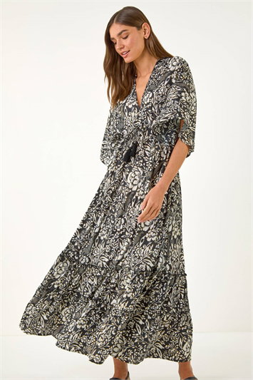 Black Boho Floral Print V-Neck Maxi Dress
