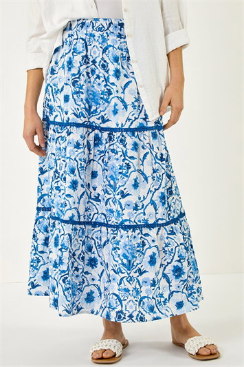 Blue Floral Print Tiered Skirt