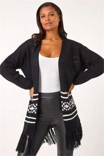 Jacquard Fringe Hem Knit Cardigan 16167308