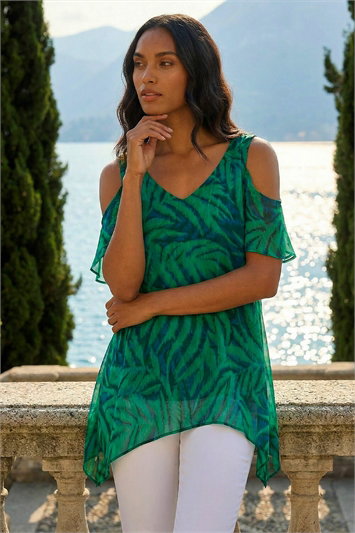 Blue Leaf Print Cold Shoulder Top