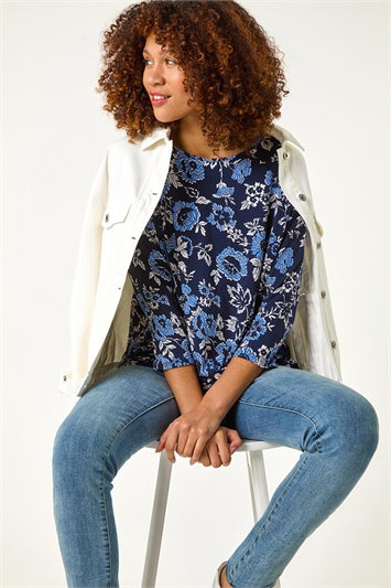 Blue Floral Print Jersey Top
