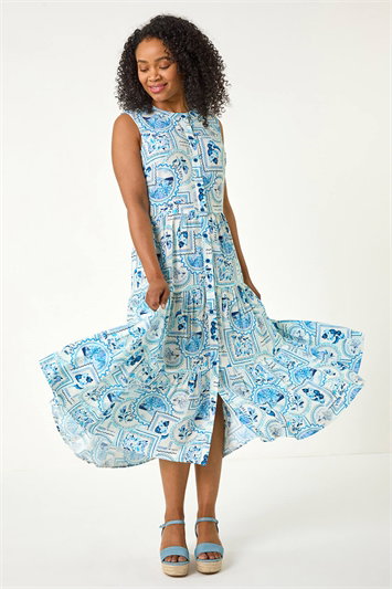 Petite Postcard Print Midi Dress 14668509