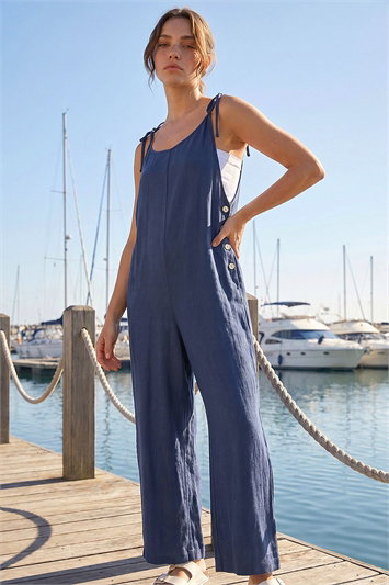 Blue Petite Strappy Tie Button Jumpsuit