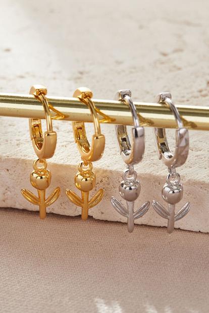 Metallic Sterling Silver Tulip Flower Dangle Hoops