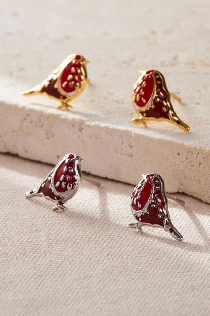 Metallic Red Robins Sterling Silver Christmas Stud Earrings Dainty Birds