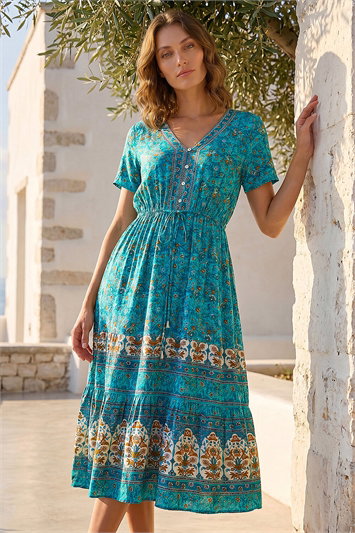 Blue Petite Floral Border Print Midi Dress
