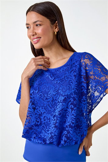Blue Lace Stretch Bubble Hem Top