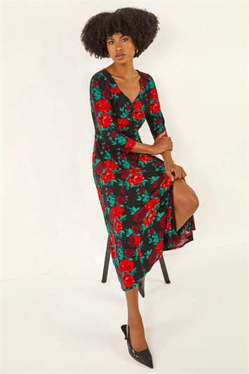 Red Rose Ruched Midi Dress