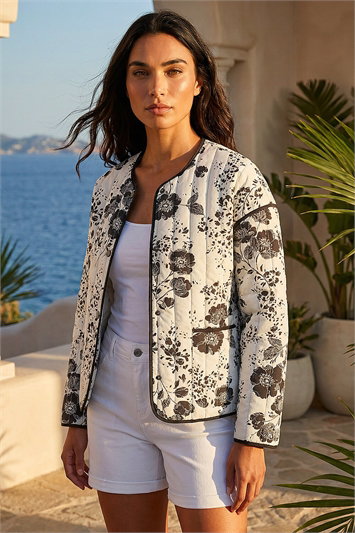 Black Floral Print Cotton Jacket