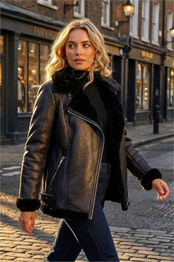 Black Faux Fur Lined Zip Detail Aviator Jacket