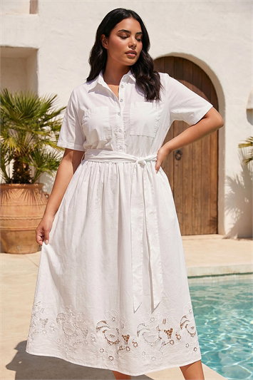White Curve Poplin Floral Shirt Dress