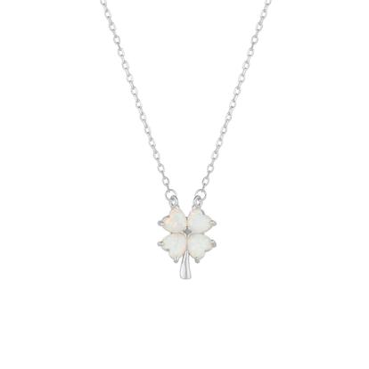 Metallic White Opal Four Leaf Clover Sterling Silver Necklace
