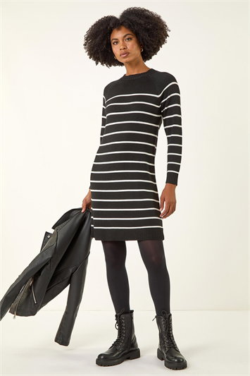 Black Stripe Print Knitted Jumper Dress