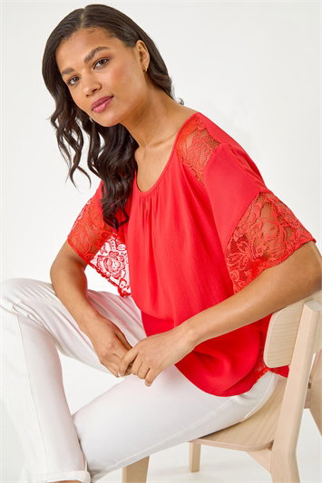 Pink Gathered Lace Insert Sleeve Top