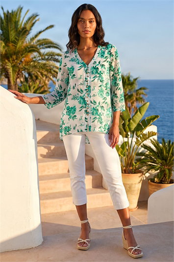 Floral Print V-Neck Button Front Top 20199234