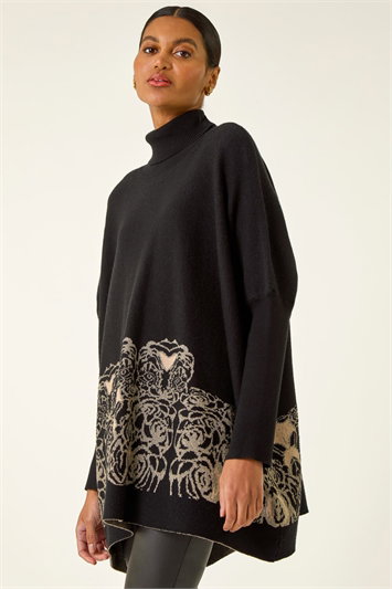 Black Mono Print High Neck Knit Jumper