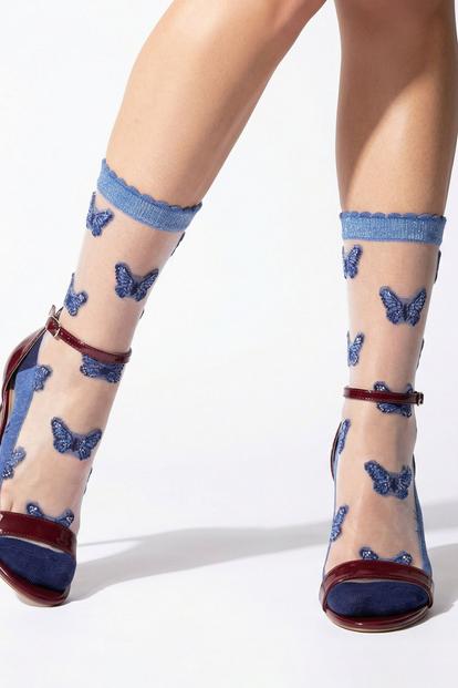 Blue Butterflies Combed Cotton Sheer Pop Socks In Blue