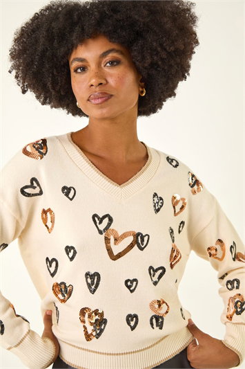 White Sparkly Heart V-Neck Knit Jumper