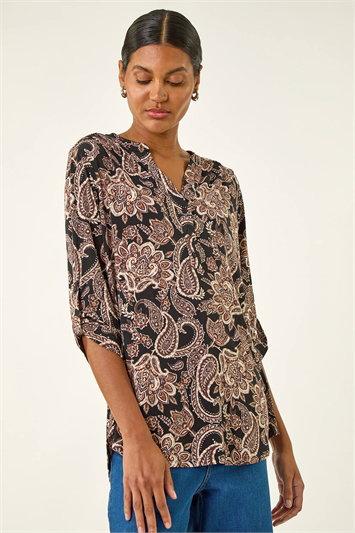 Cream Paisley Print V-Neck Stretch Shirt