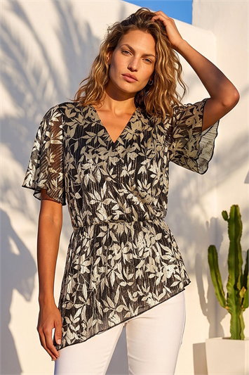 Metallic Floral Plisse Wrap Top