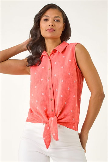 Pink Embroidered Tie Front Blouse