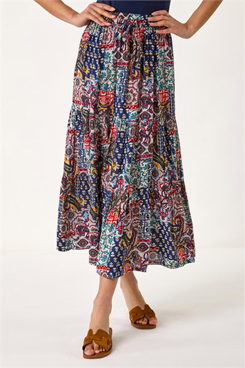 Blue Patchwork Tiered Skirt