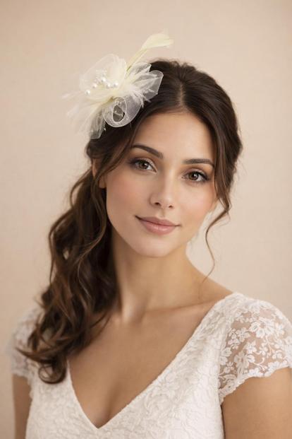 Red Rosette Faux Pearl & Polka Veil Feather Fascinator In Cream